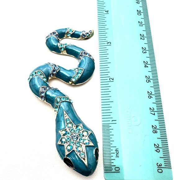 Womens Snake Brooch Pin Pendant Blue Enamel Clear Rhinestone Gold Tone - Picture 3 of 3